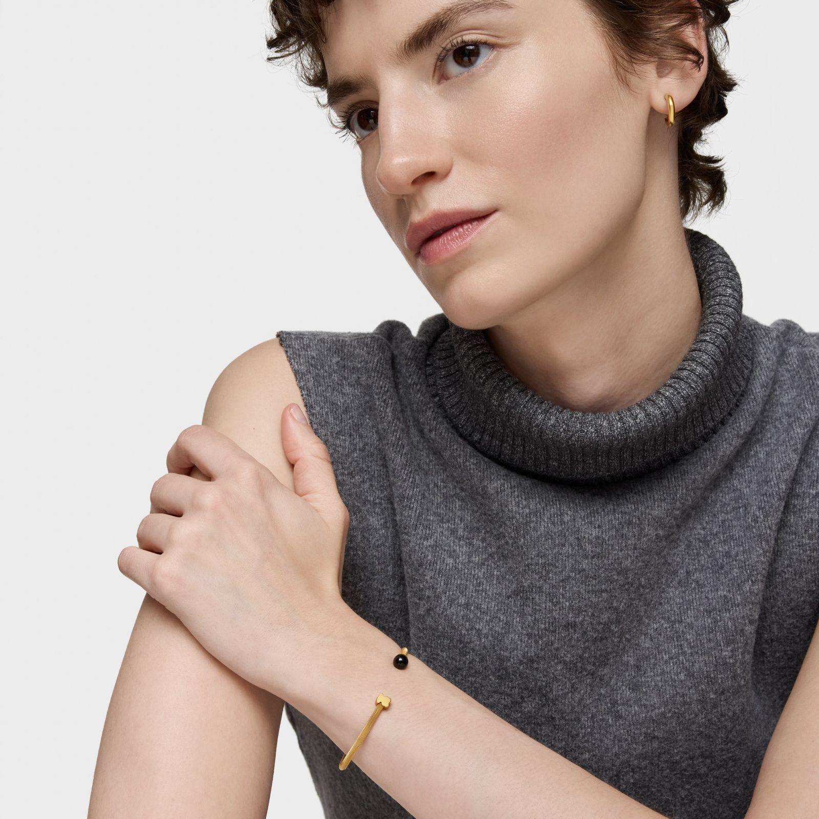 Pulsera esclava de acero dorado y ónix Icon Mesh-3