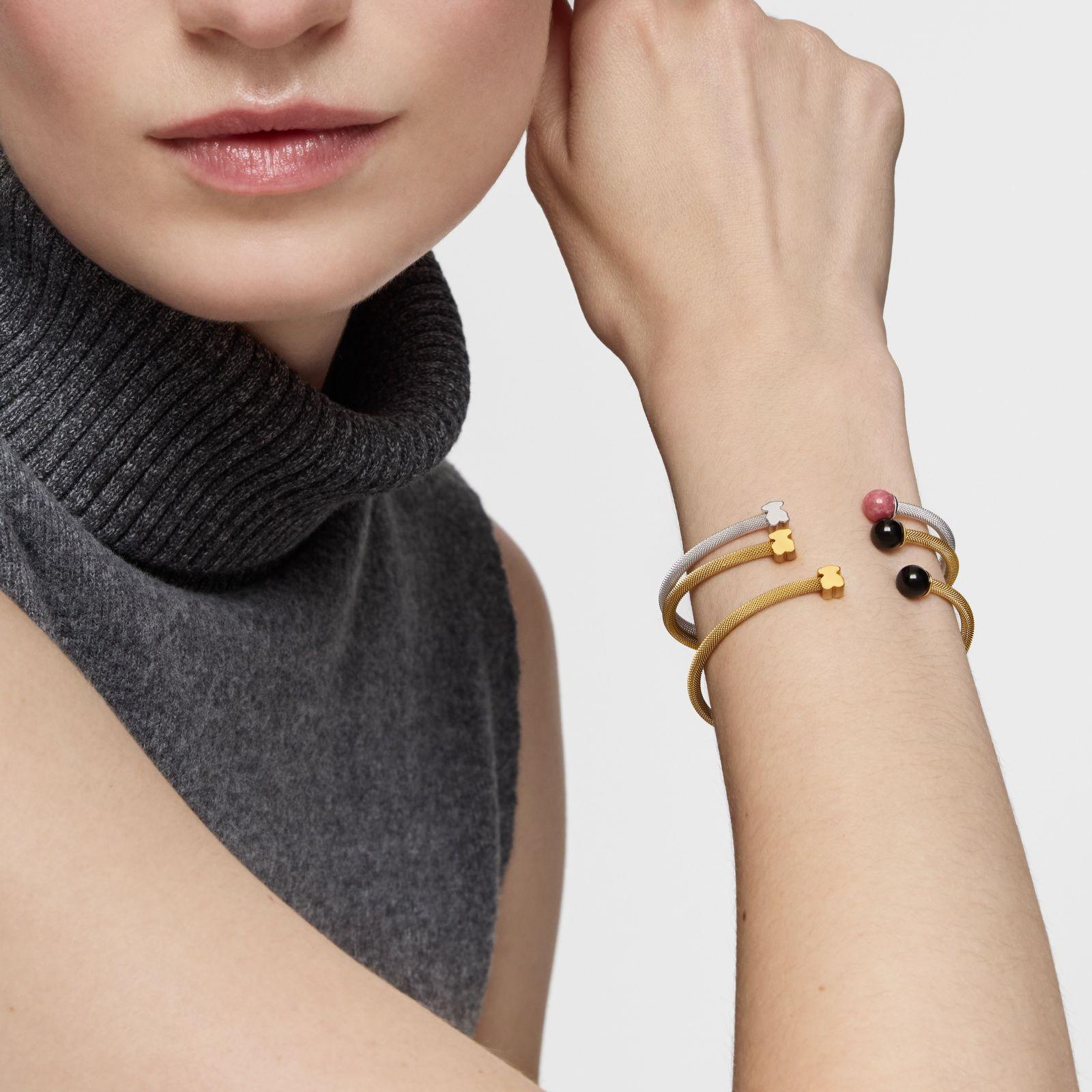 Pulsera esclava de acero dorado y ónix Icon Mesh-4