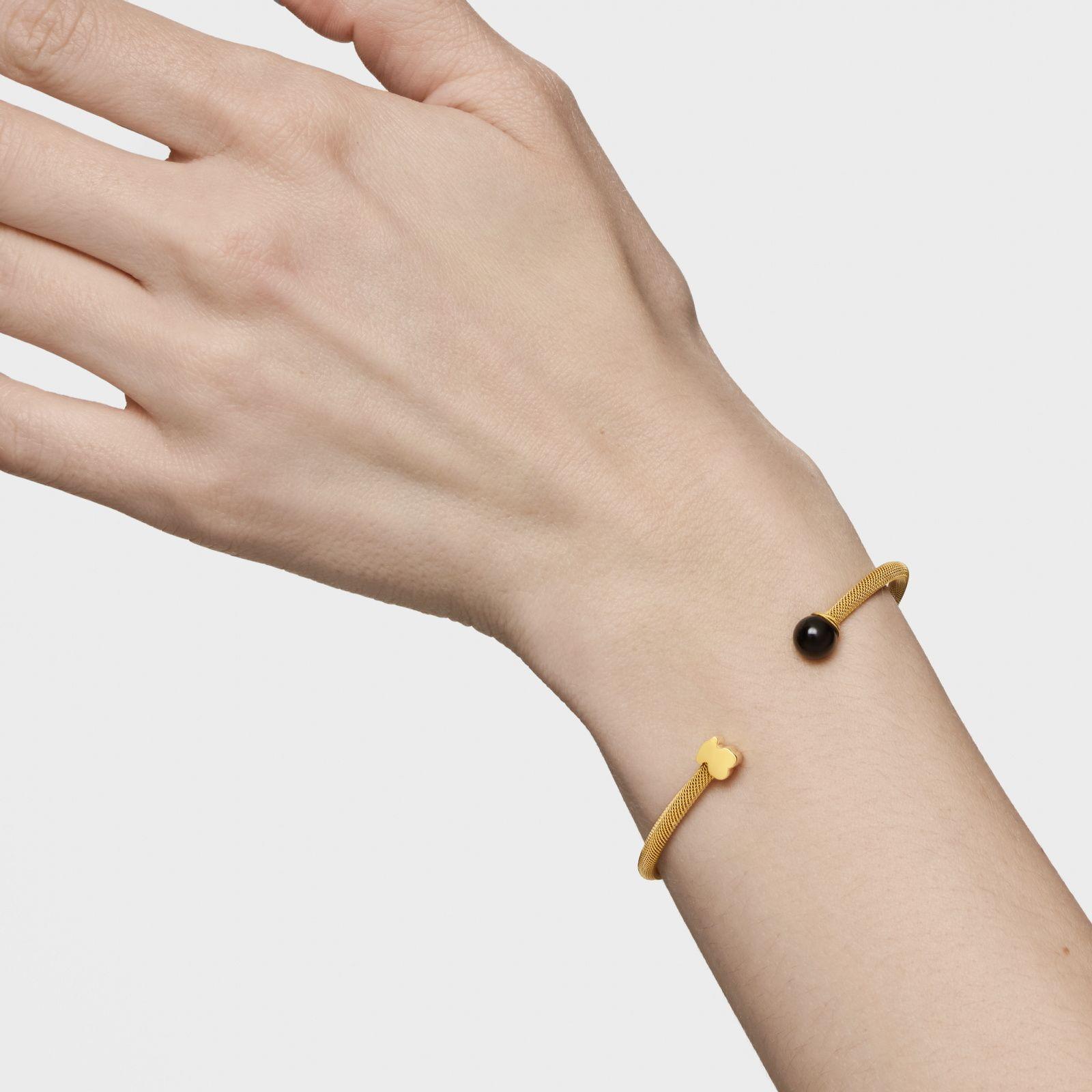 Pulsera esclava de acero dorado y ónix Icon Mesh-5