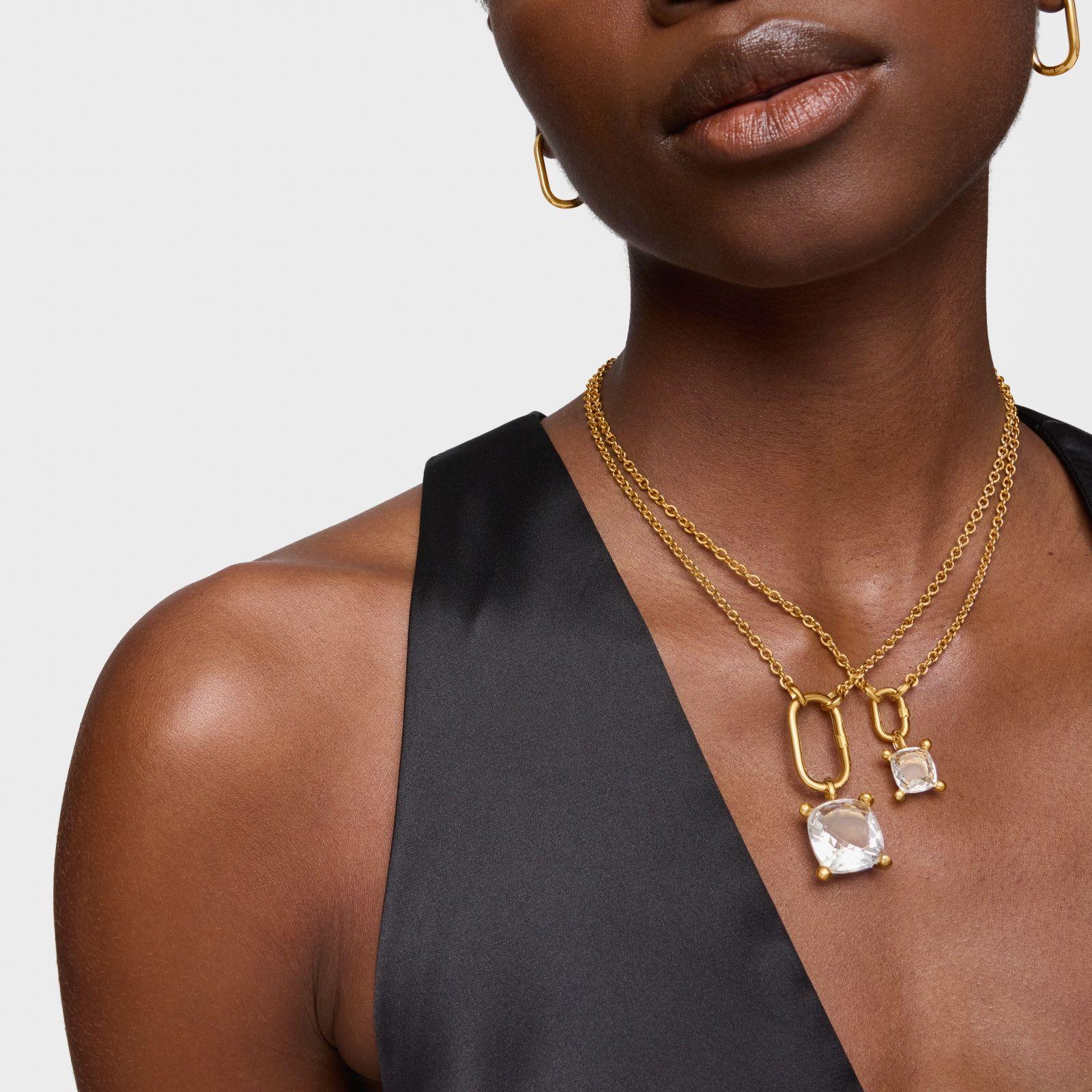 Colgante pequeño con baño de oro 18 kt sobre plata y cuarzo cristal de roca Color White-4