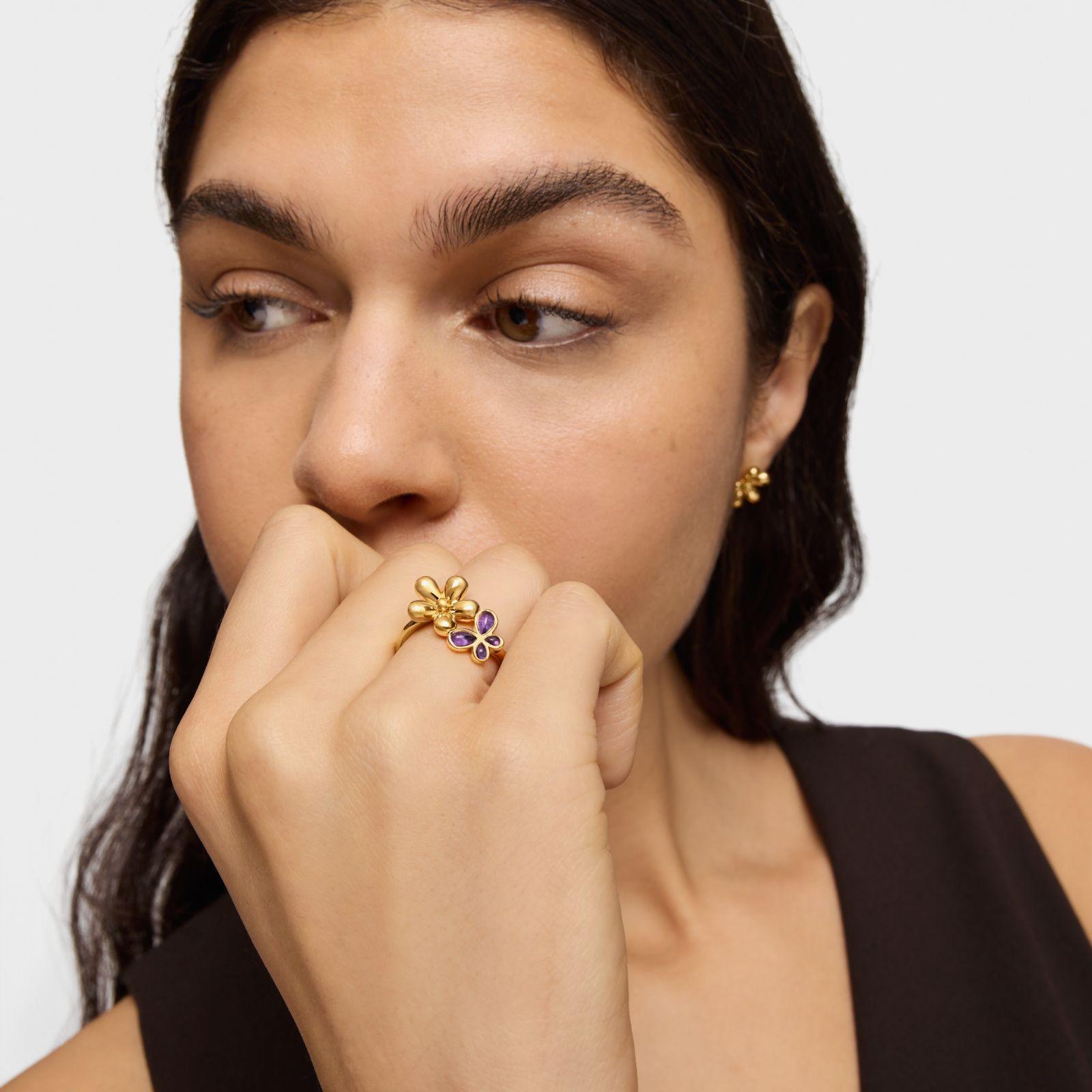 Anillo con baño de oro de 18 kt sobre plata y amatista Daisy-5