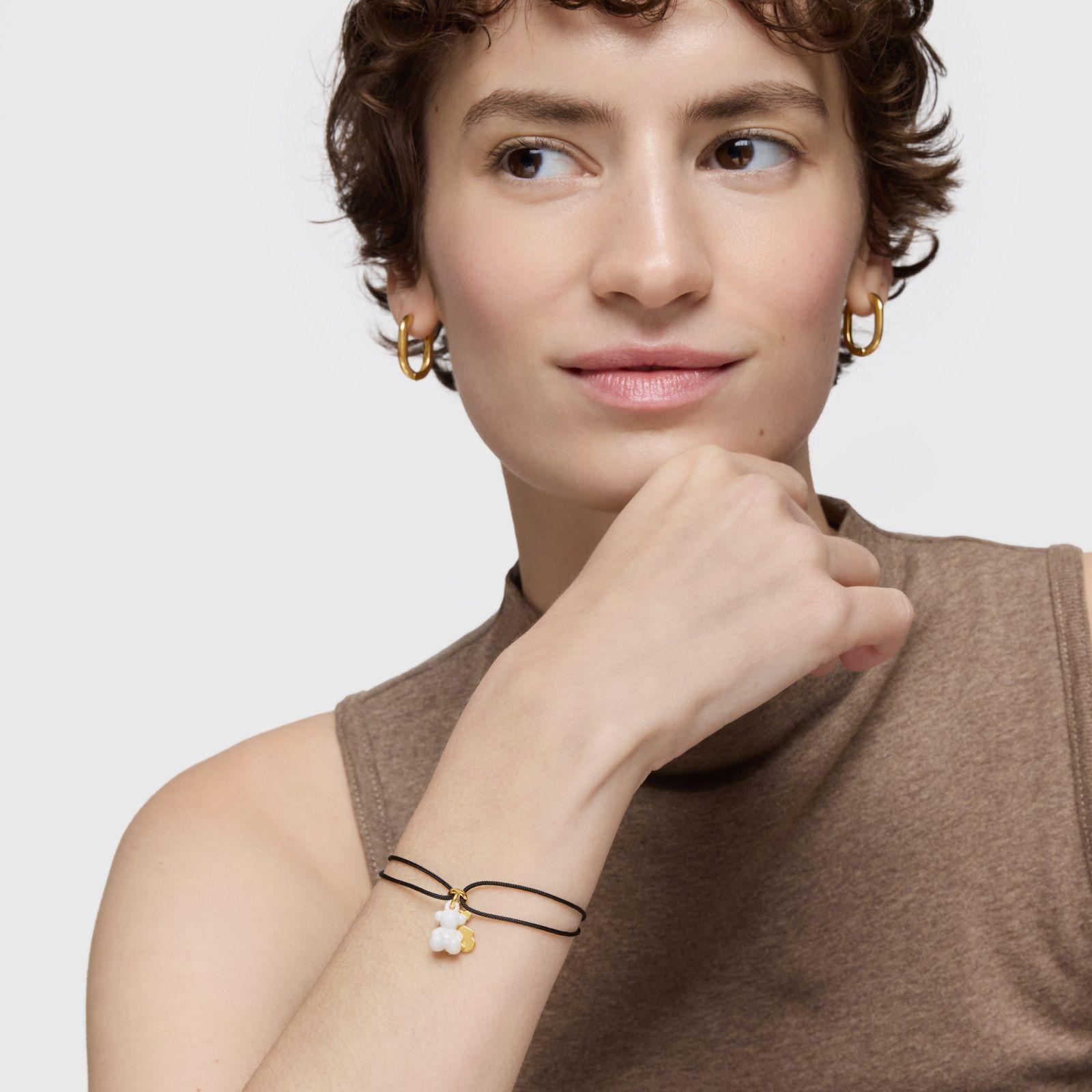 Pulsera doble oso con baño de oro 18 kt sobre plata, cerámica blanca y nylon negro Bold Bear-4