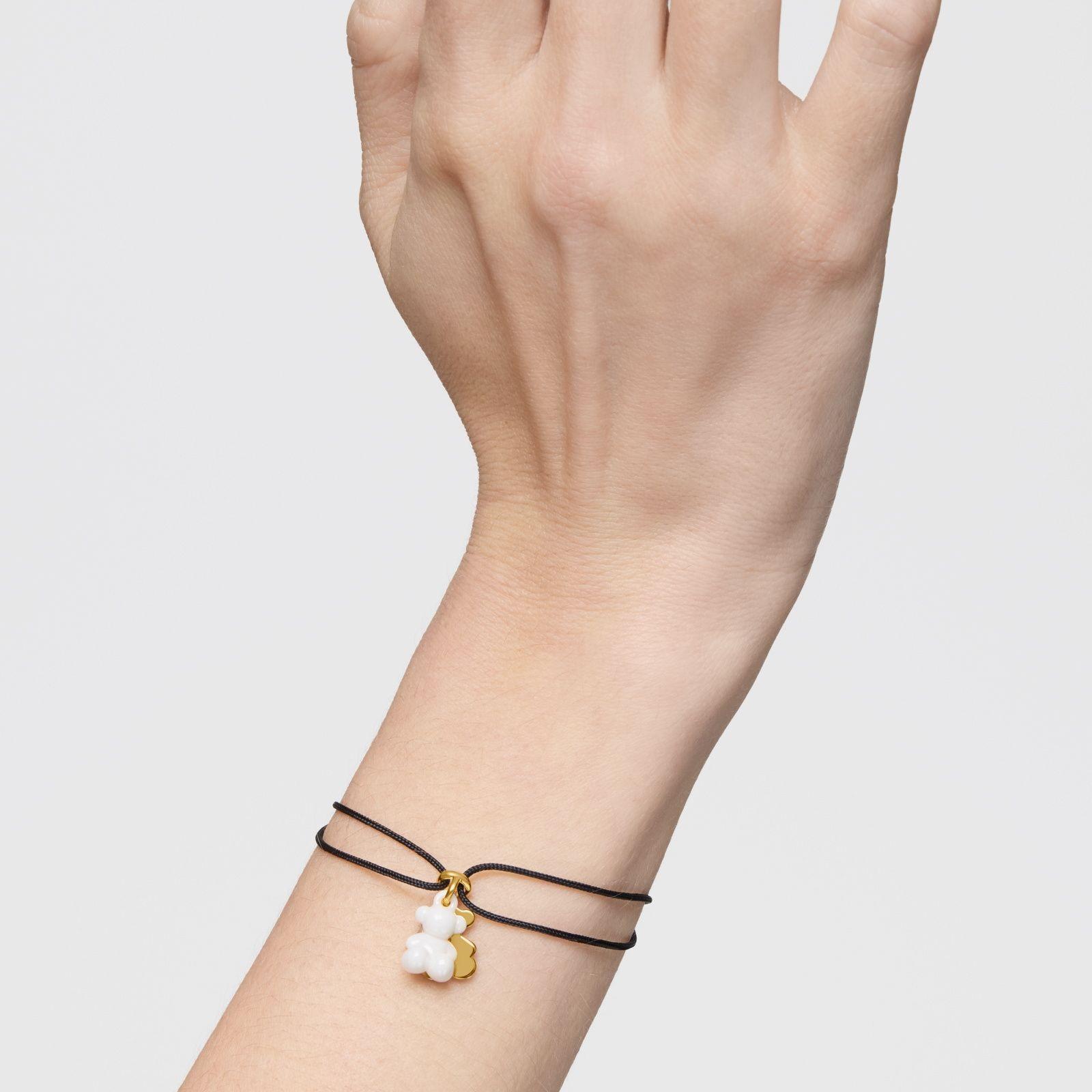 Pulsera doble oso con baño de oro 18 kt sobre plata, cerámica blanca y nylon negro Bold Bear-6