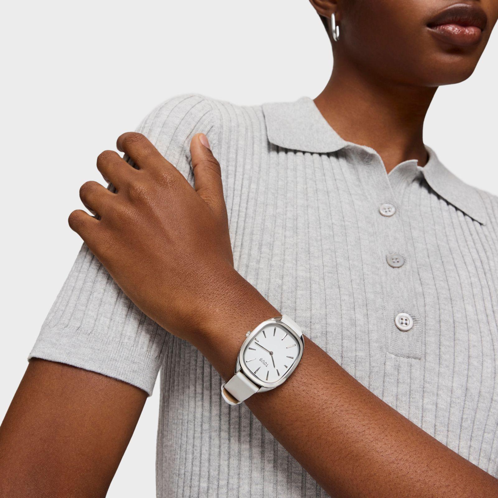 Reloj analógico de acero con correa de piel blanca Heritage-3