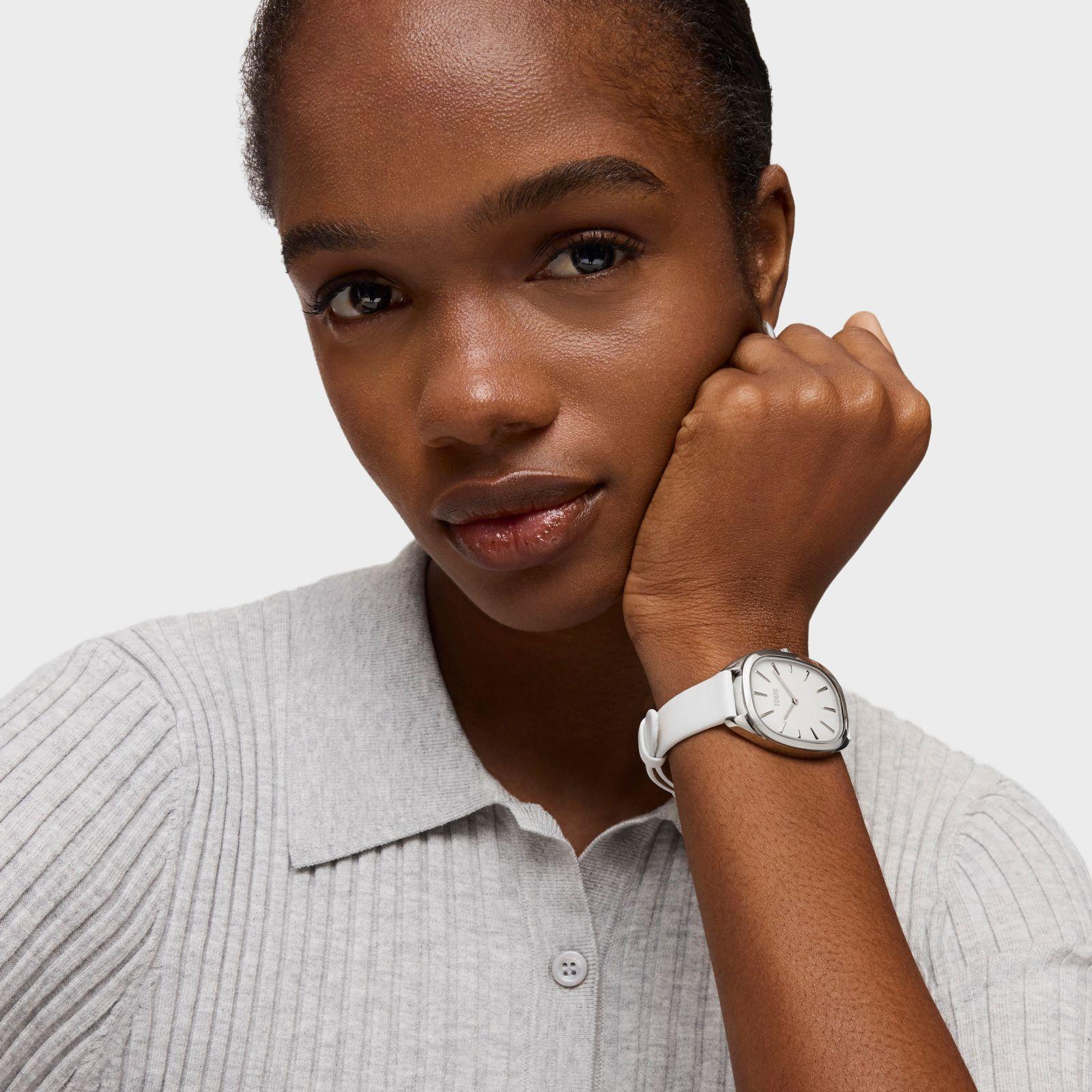 Reloj analógico de acero con correa de piel blanca Heritage-4