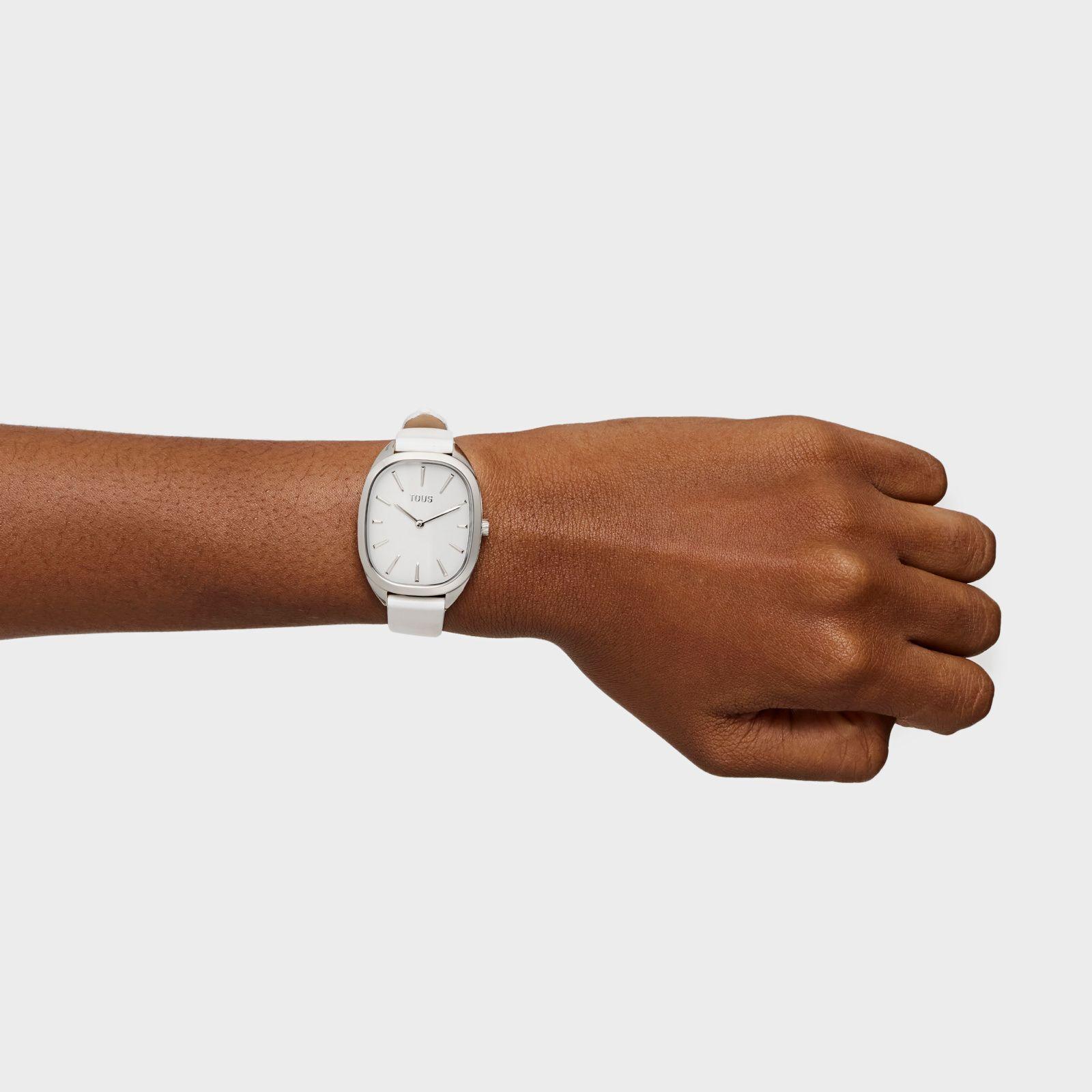 Reloj analógico de acero con correa de piel blanca Heritage-6