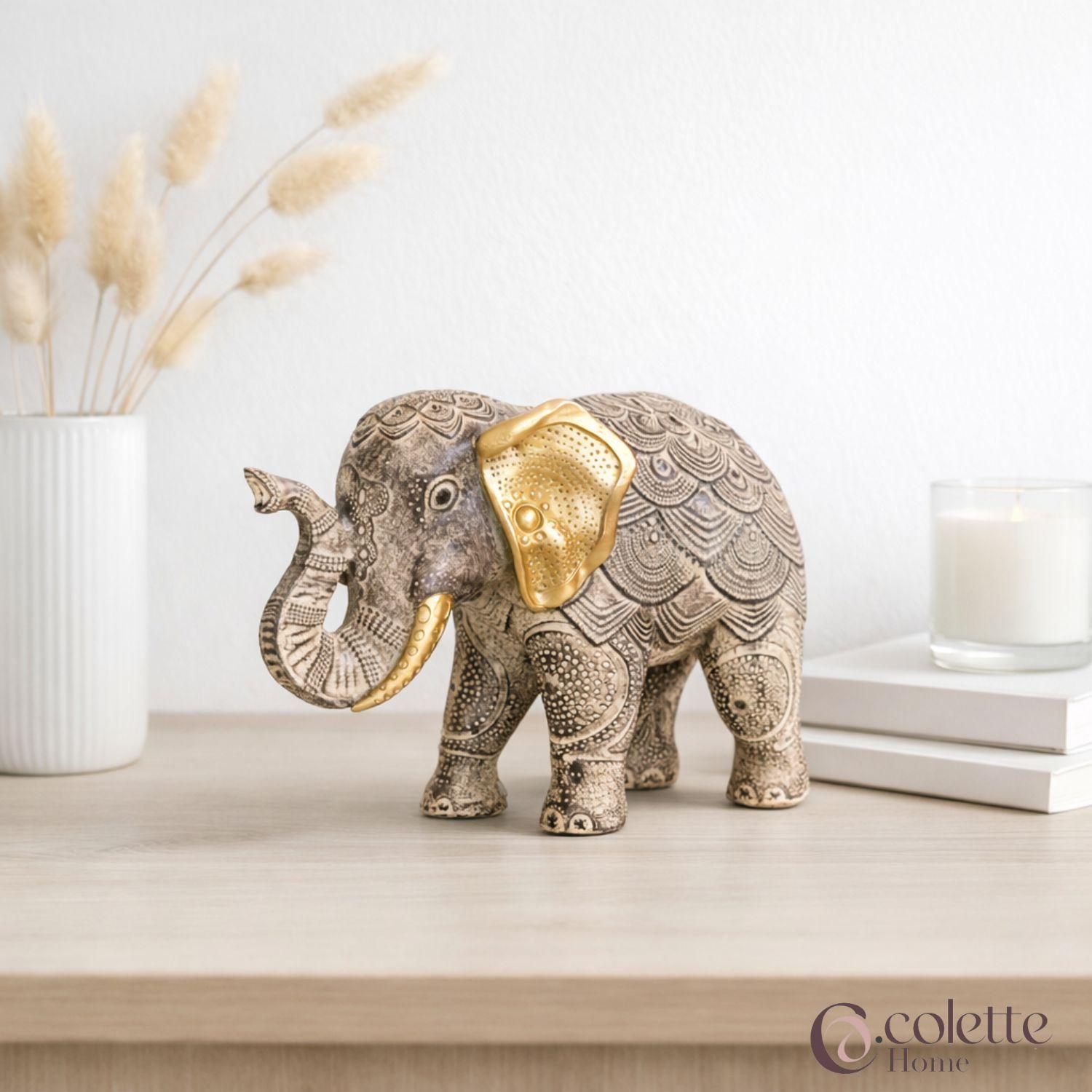 Figura Decorativa Adorno Elefante Desierto Grande Beige/Dorado-2