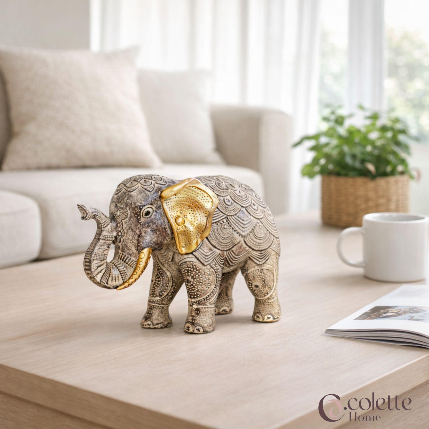 Figura Decorativa Adorno Elefante Desierto Grande Beige/Dorado-3