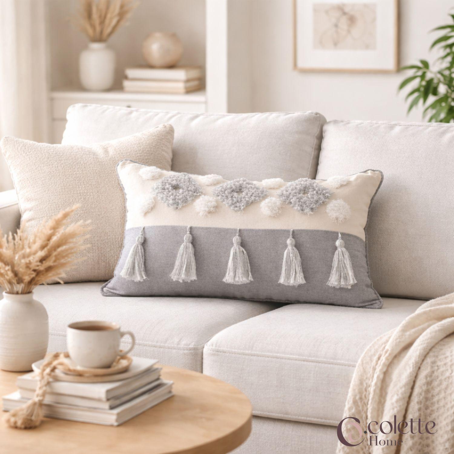 Funda de Cojín Boho 30 x 50 Algodón Borlas Gris-2