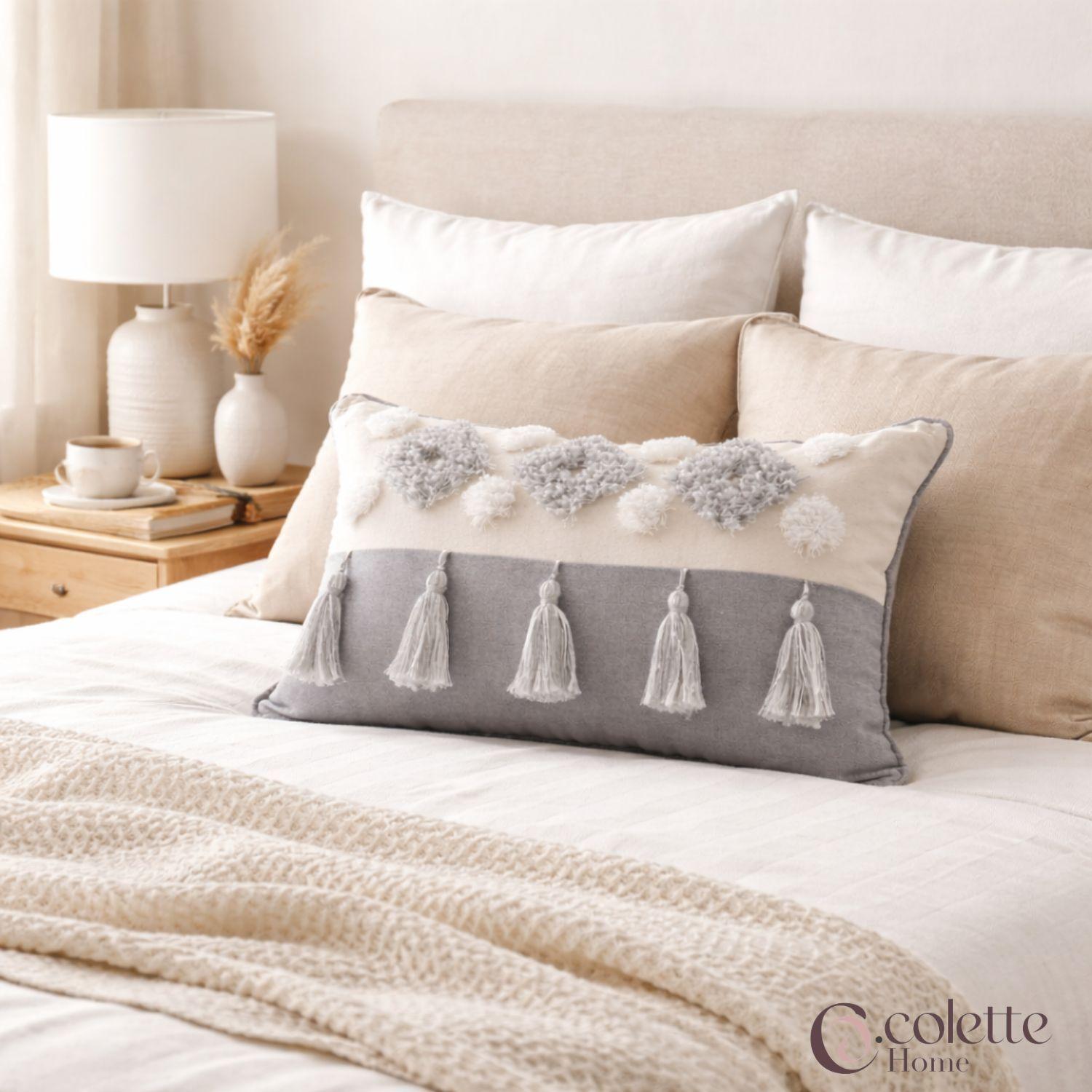 Funda de Cojín Boho 30 x 50 Algodón Borlas Gris-3