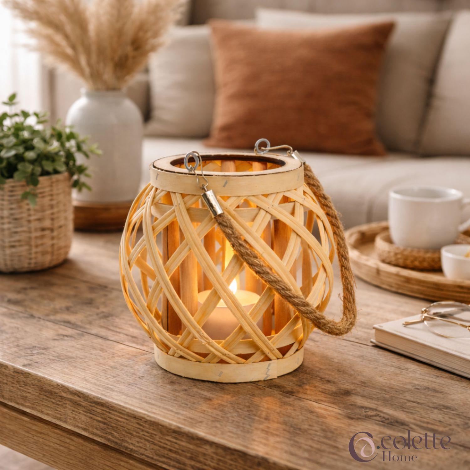 Porta Velas Madera  Entretejida  Con Soga de Yute Aura Natural-2