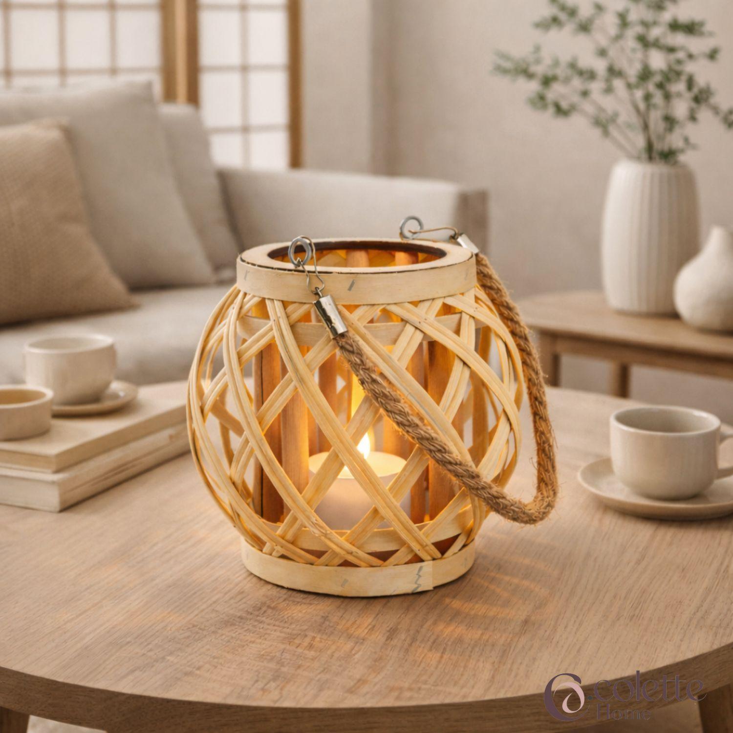 Porta Velas Madera  Entretejida  Con Soga de Yute Aura Natural-3