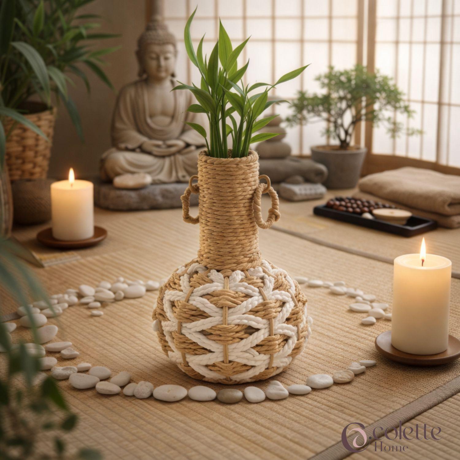 Florero Jarrón Adorno Tejido Yute Boho Natural Blanco-2