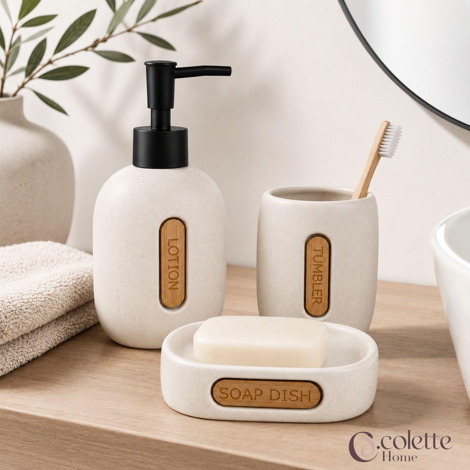 Set De Accesorios De Ba o Cer mica 3 Piezas Harmony Beige-3