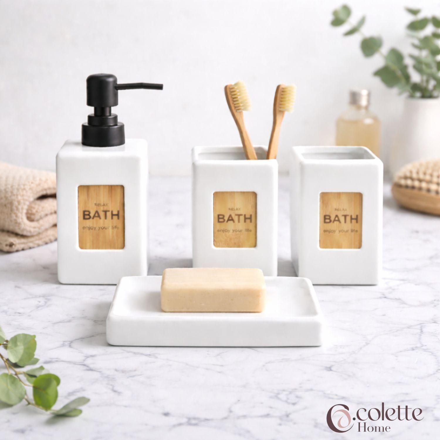 Set Accesorios de Baño Cerámica 4 Piezas Burbujas Blanco/Bambú-2