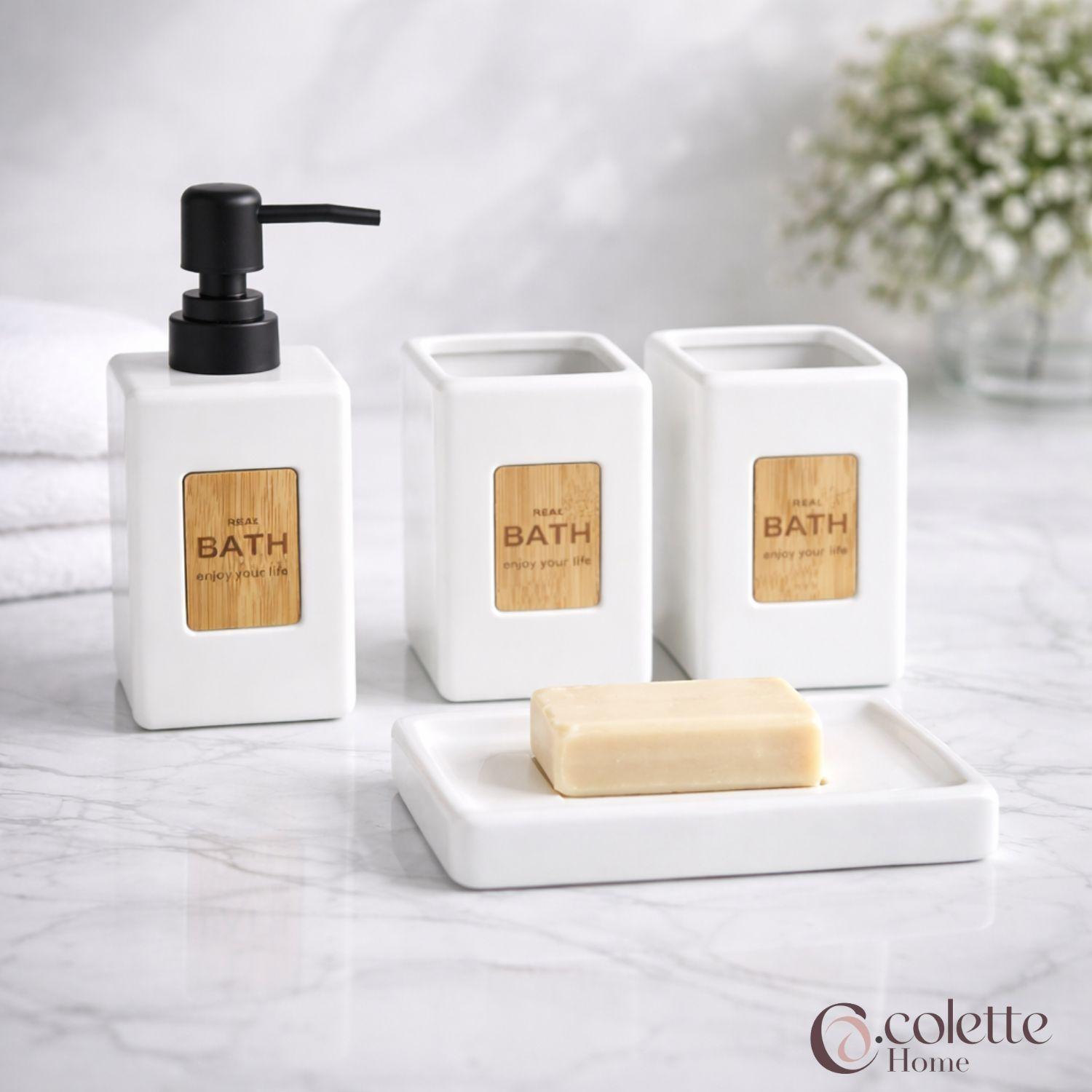 Set Accesorios de Baño Cerámica 4 Piezas Burbujas Blanco/Bambú-3