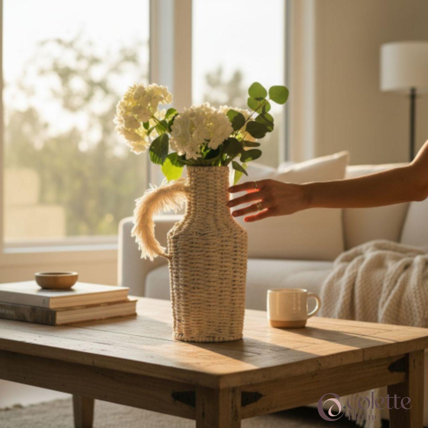 Florero Jarrón Adorno Tejido Fibras Naturales Aplicación Pluma Fiorella-1