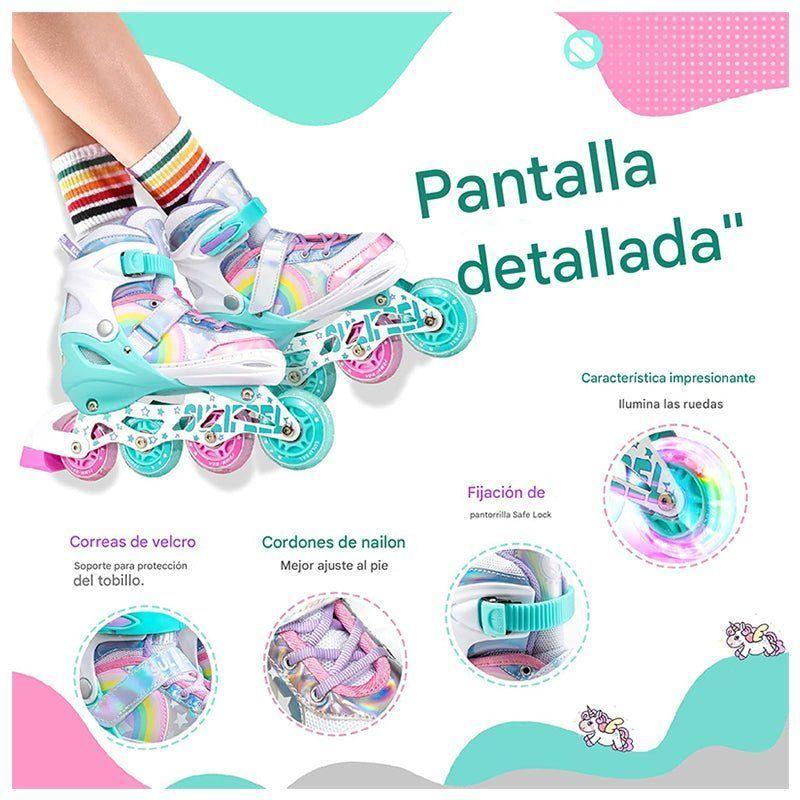 Patines En Linea Niñas Roller Ajustable Arcoiris Turquesa Ruedas Led-4