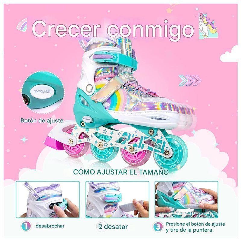 Patines En Linea Niñas Roller Ajustable Arcoiris Turquesa Ruedas Led-5