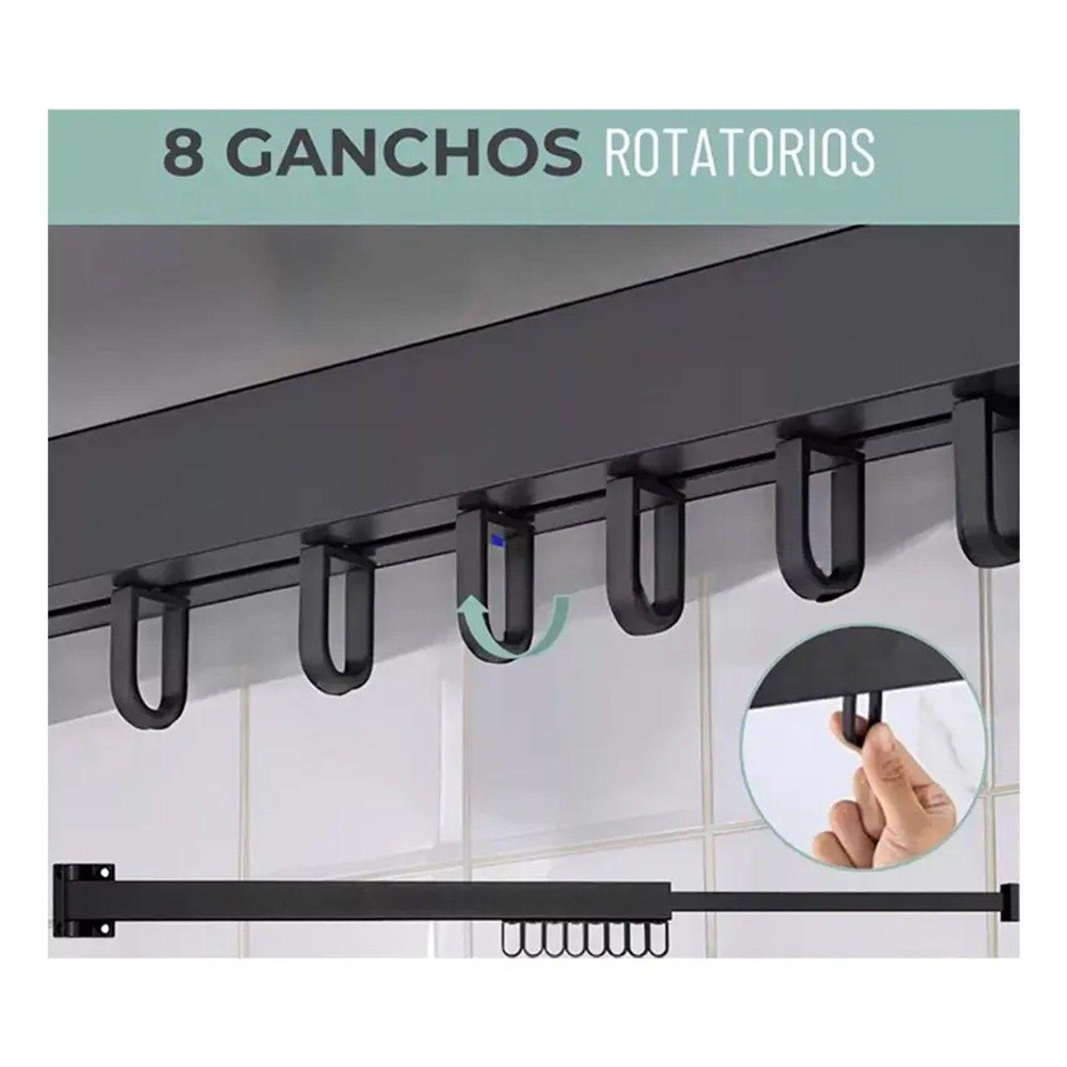 Tendedero Ropa Retráctil Pared 8 Ganchos 90cm Negro Plegable Negro-2