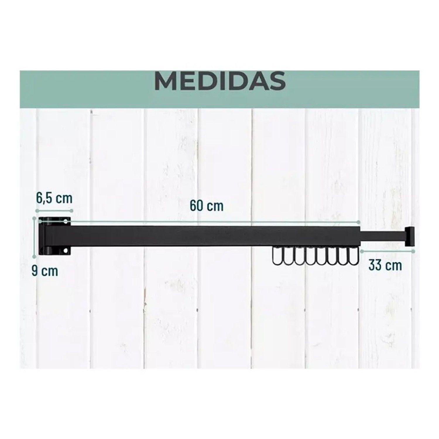 Tendedero Ropa Retráctil Pared 8 Ganchos 90cm Negro Plegable Negro-3
