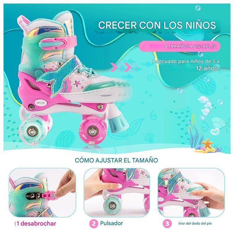 Patines 4 Ruedas Led Rupu Niñas Ajustable Sirena Aquagreen-4