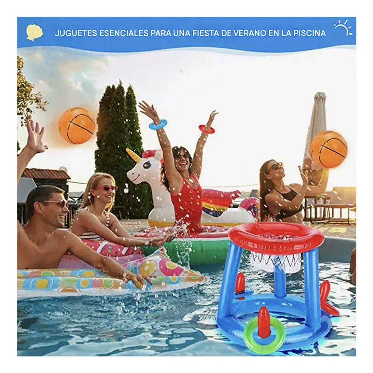 Juego Inflable Aro Basquet + Lanza Anillos Pool24k Piscina-2