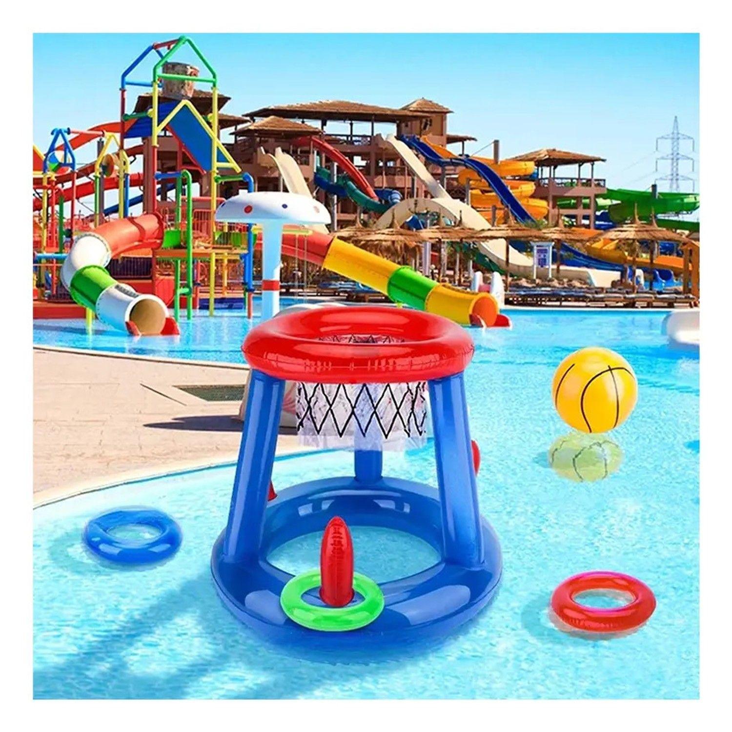 Juego Inflable Aro Basquet + Lanza Anillos Pool24k Piscina-5