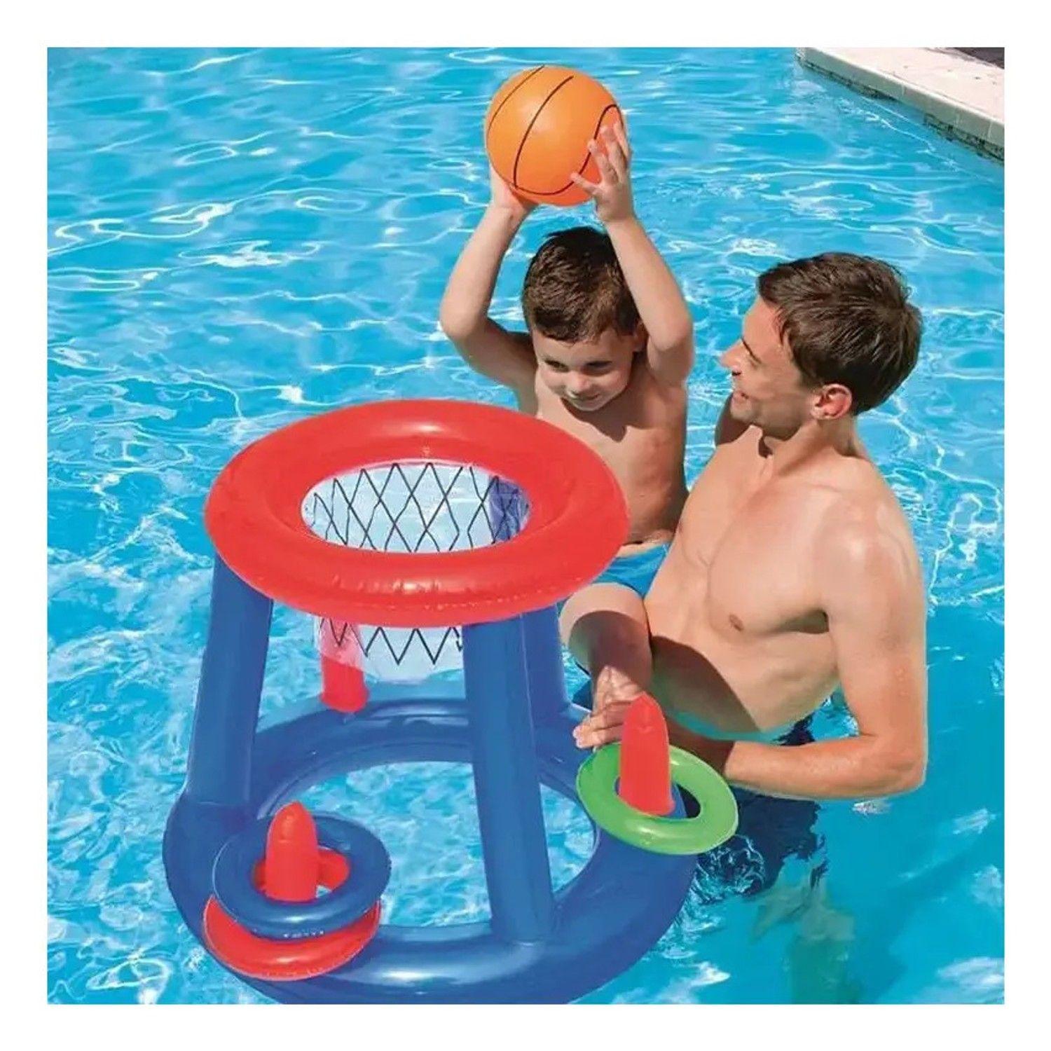 Juego Inflable Aro Basquet + Lanza Anillos Pool24k Piscina-6