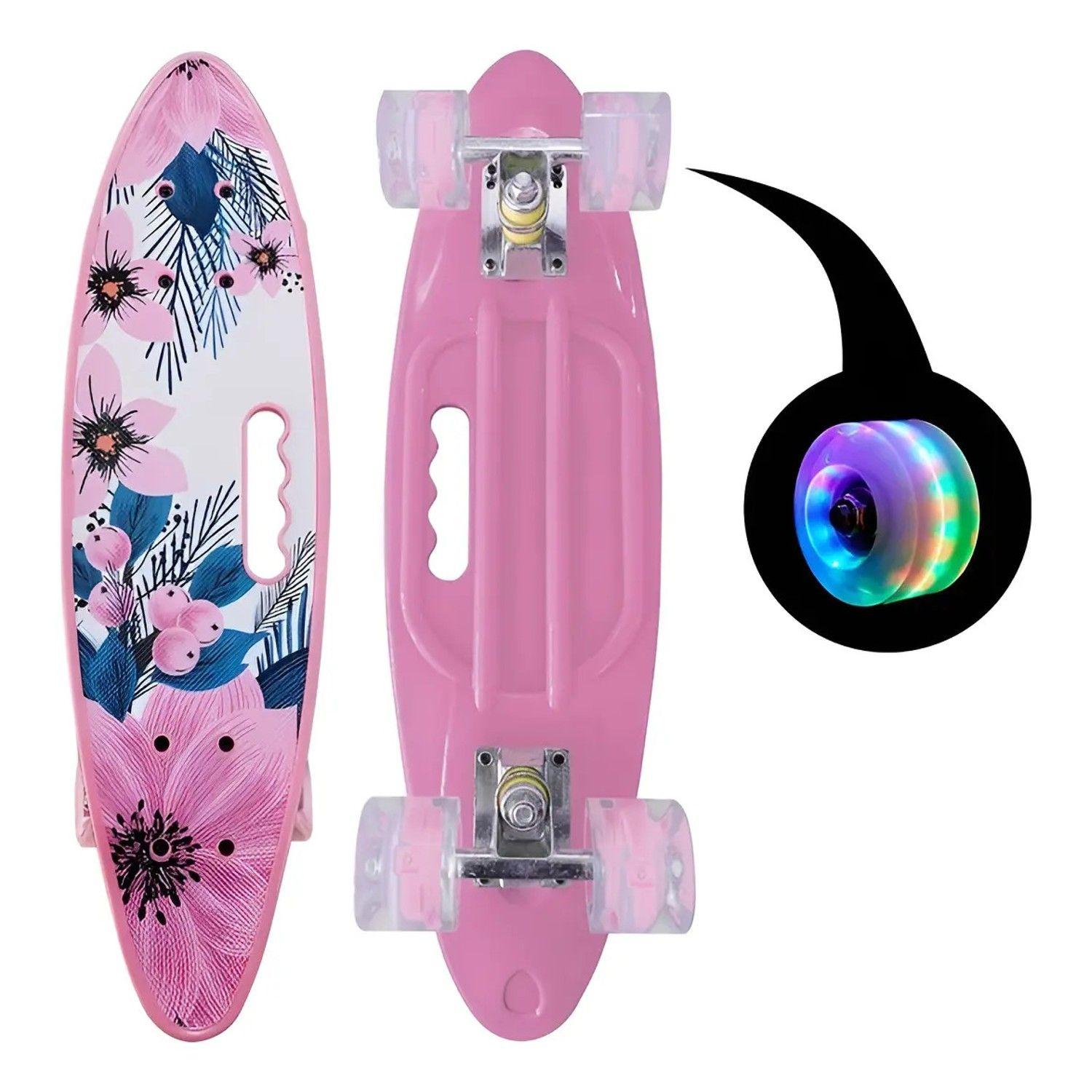 Skate Penny Cruiser Patineta Pink Flowers Ruedas Led Niños Rosado-0