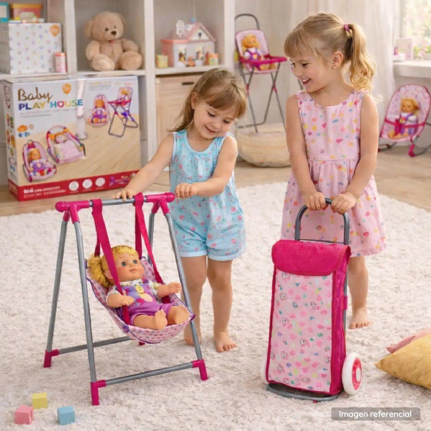 Set Juego Para Muñecas 4en1 Silla Coche Columpio Y Mecedora Rosa Chicle-2