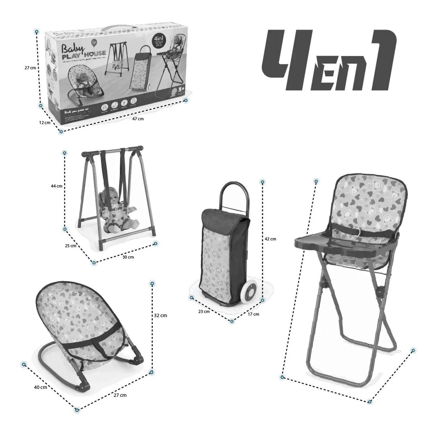Set Juego Para Muñecas 4en1 Silla Coche Columpio Y Mecedora Rosa Chicle-3