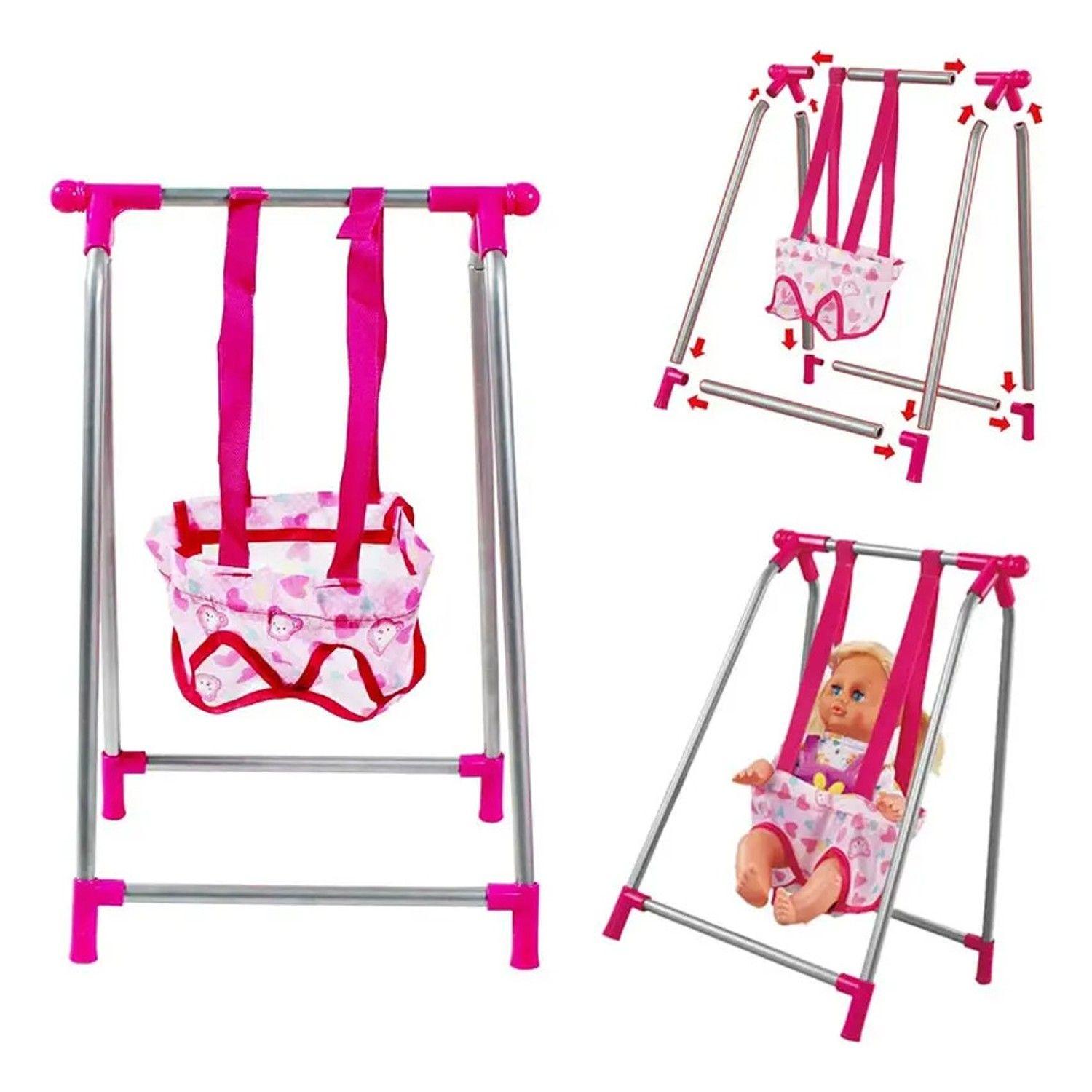 Set Juego Para Muñecas 4en1 Silla Coche Columpio Y Mecedora Rosa Chicle-5