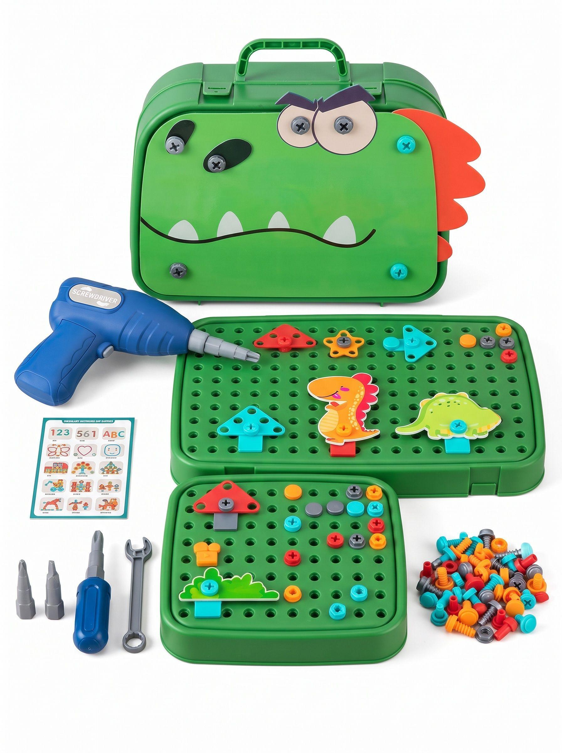 Kit Construcción Juguete Niños 450 Pzs Maletín Taladro Dino-0