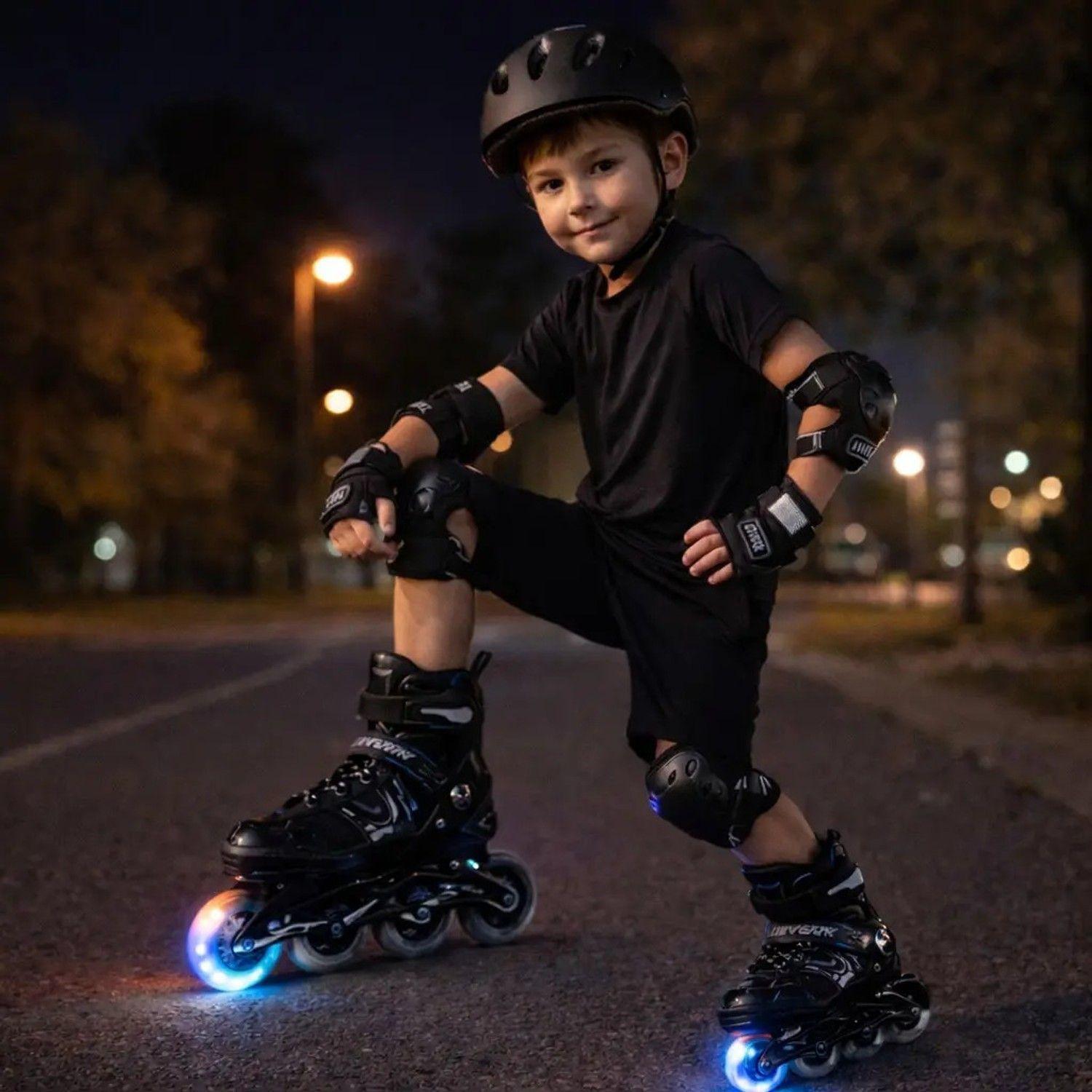 Patines En Linea Ajustables Roller Negro Rueda Led Niños-3