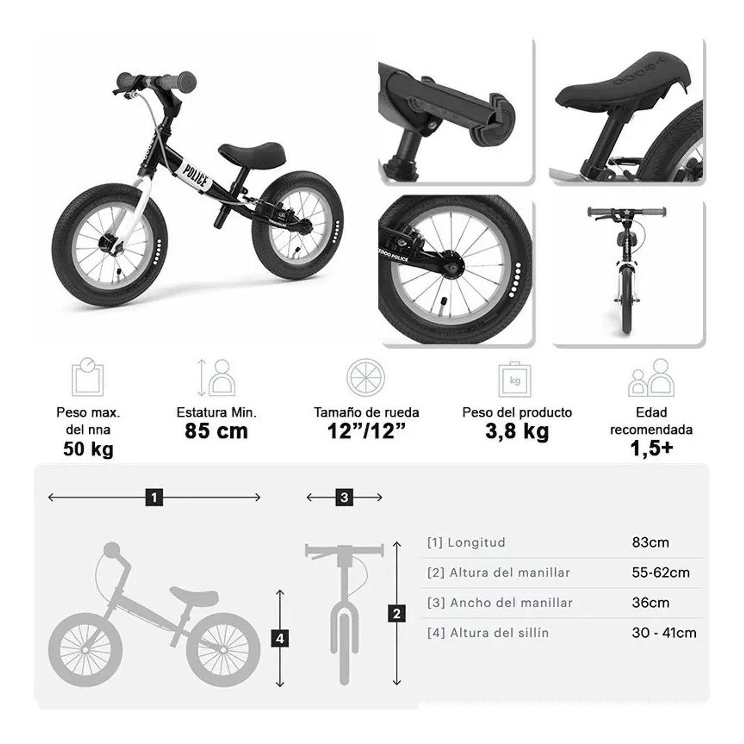 Bicicleta Aprendizaje Sin Pedales Yedoo Police Aro 12 Niños Black-2