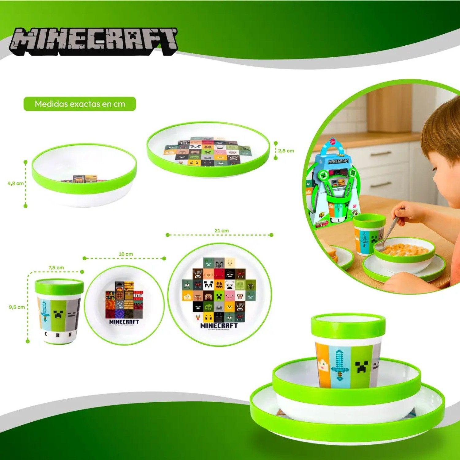 Set Vajilla Infantil Minecraft 5 Pcs Plato Vaso Cubiertos-2