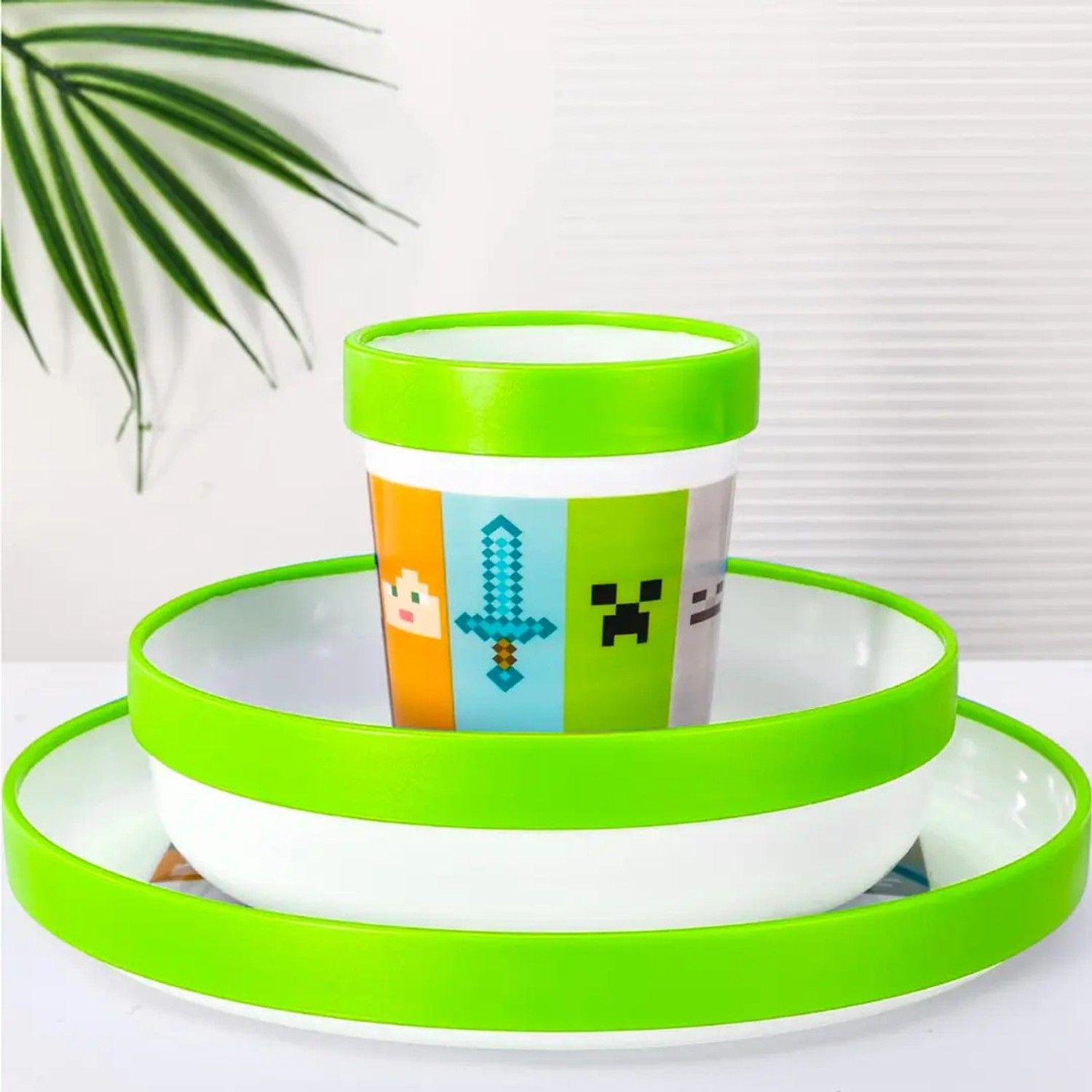 Set Vajilla Infantil Minecraft 5 Pcs Plato Vaso Cubiertos-5