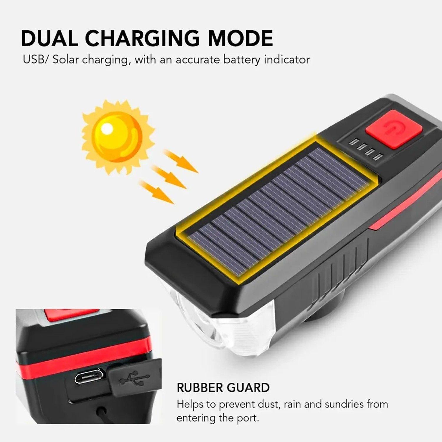 Luz Led Delantera Para Bicicleta Solar Recargable Con Bocina-4