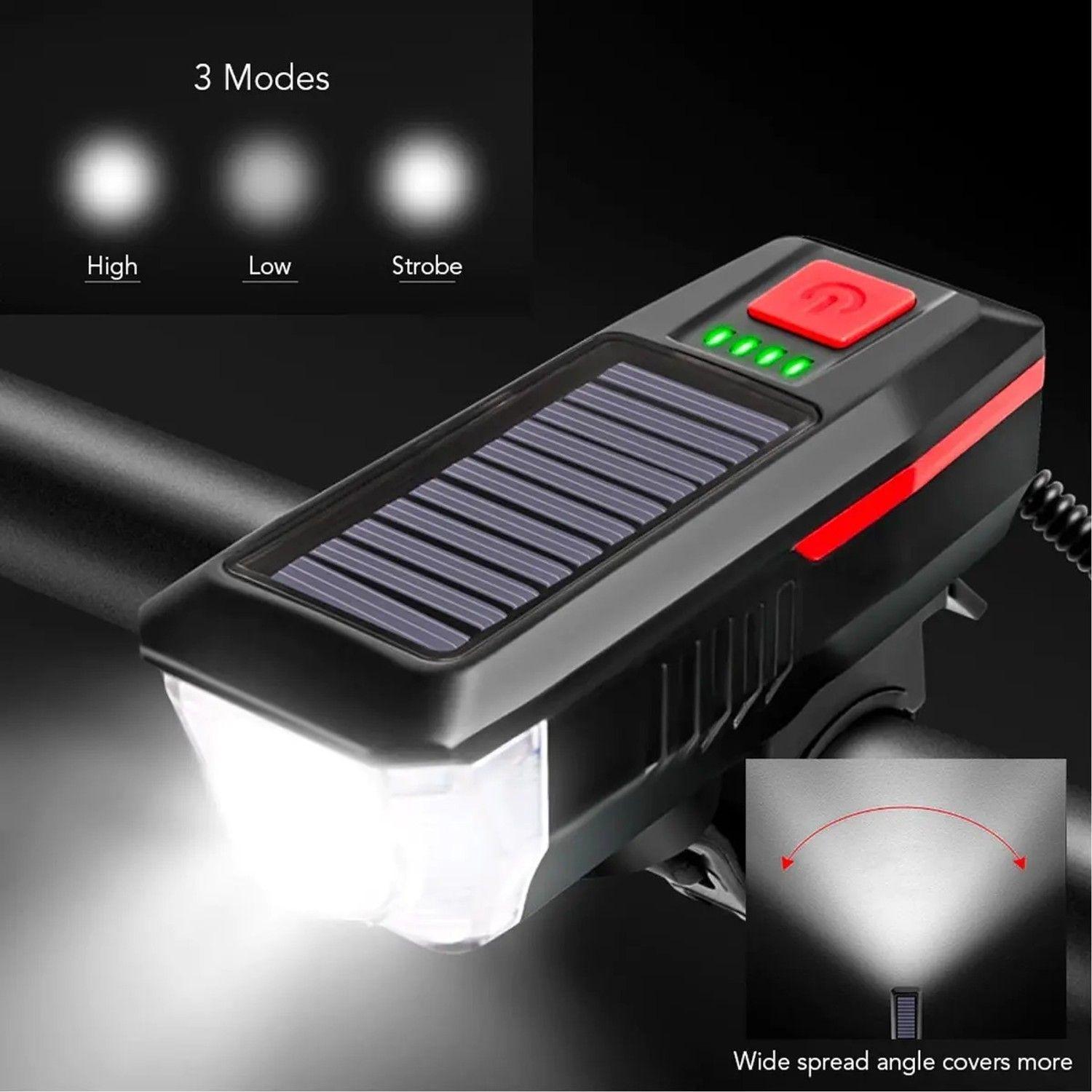 Luz Led Delantera Para Bicicleta Solar Recargable Con Bocina-5
