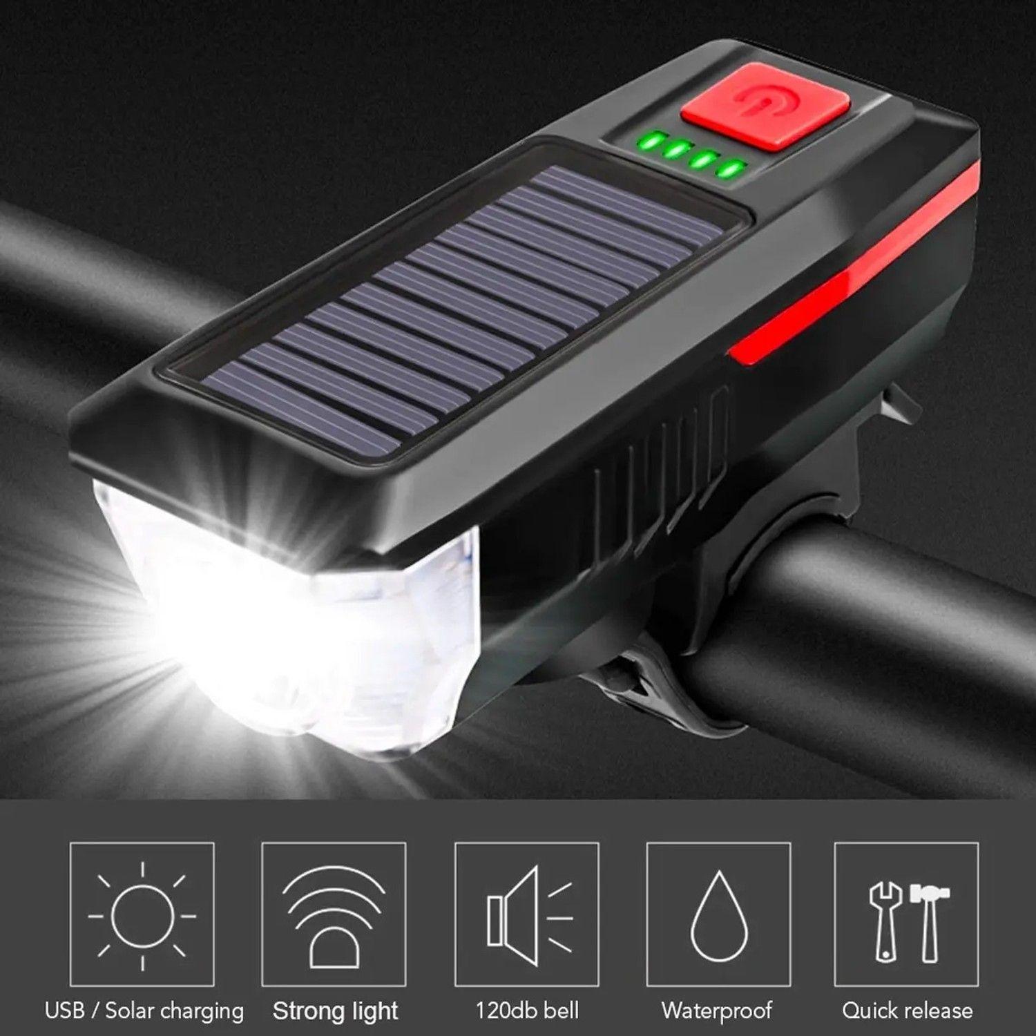 Luz Led Delantera Para Bicicleta Solar Recargable Con Bocina-6