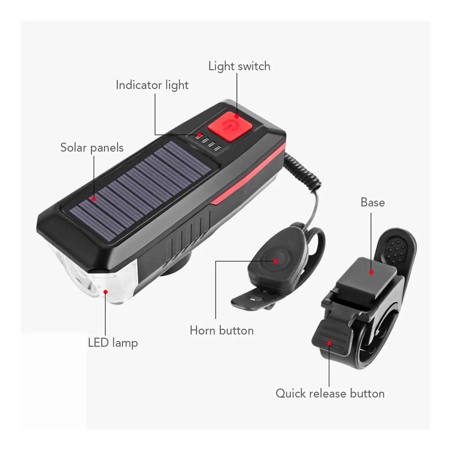 Luz Led Delantera Para Bicicleta Solar Recargable Con Bocina-9