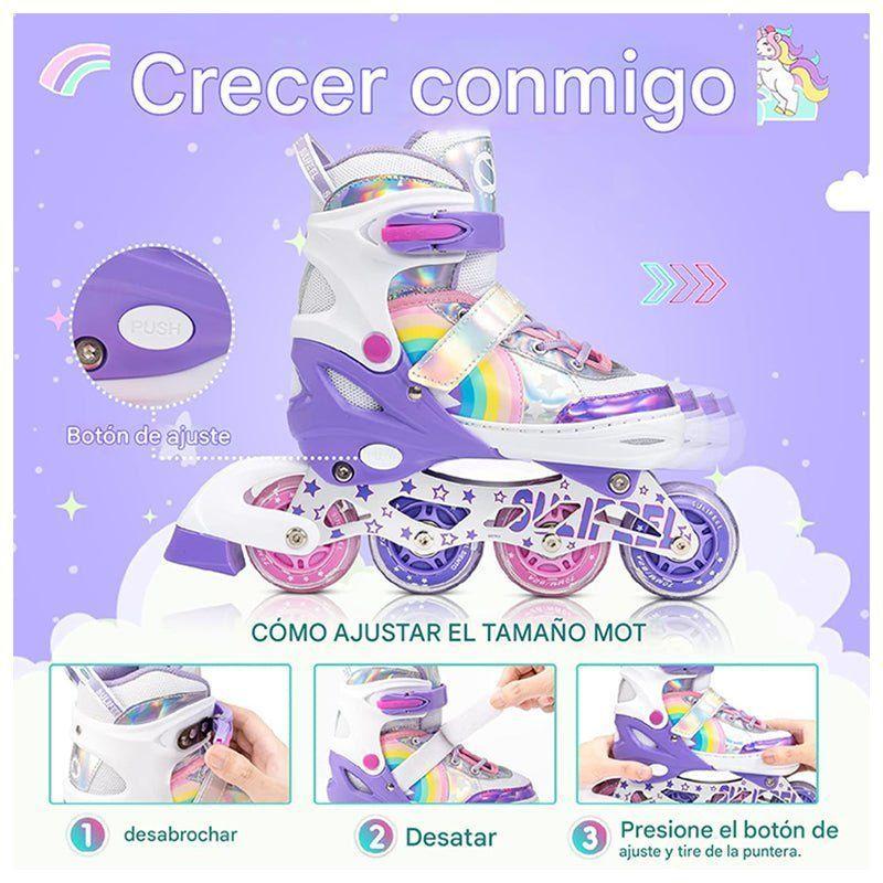 Patines En Linea Niñas Roller Ajustable Arcoiris Violeta Ruedas Led-5