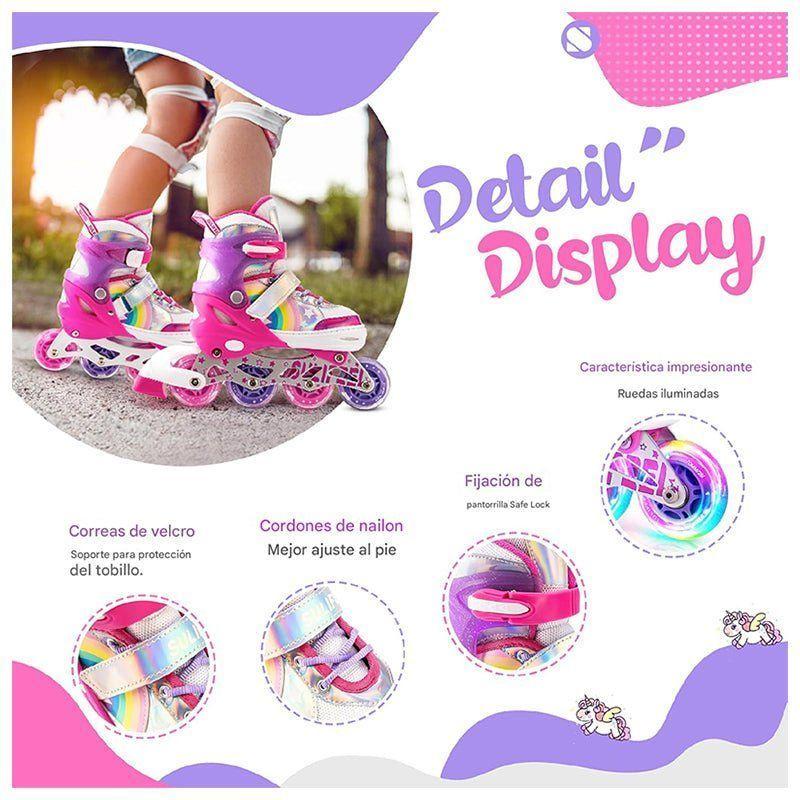 Patines En Linea Niñas Roller Ajustable Arcoiris Rosado Ruedas Led-5