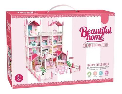 Casa De Muñecas Infantil Niñas 60x53x52cm Clasica Juguete Rosado-3