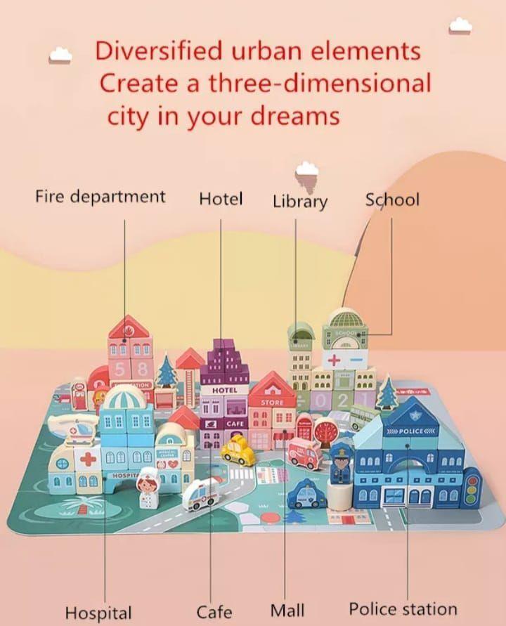 Juguete Didáctico Ciudad Bloques Construcción Madera Niños-3