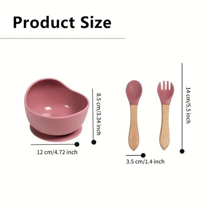 Set Bowl Con Cubierto Cuchara Silicona madera Rosa Oscuro-2