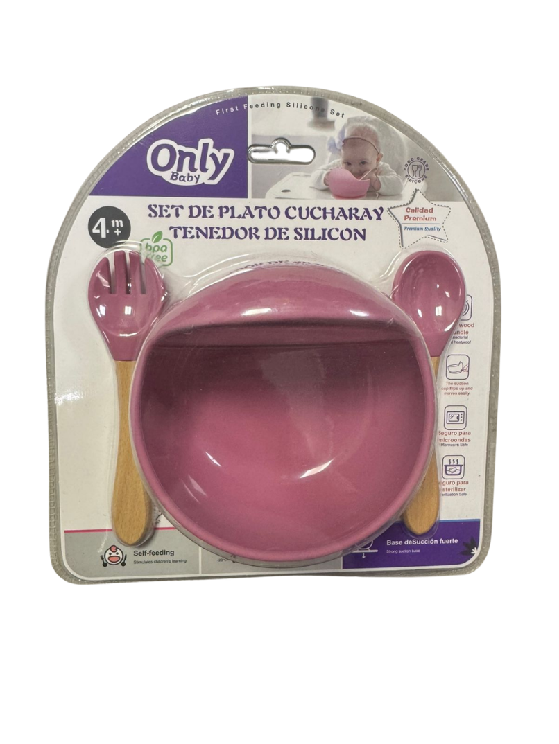 Set Bowl Con Cubierto Cuchara Silicona madera Rosa Oscuro-3