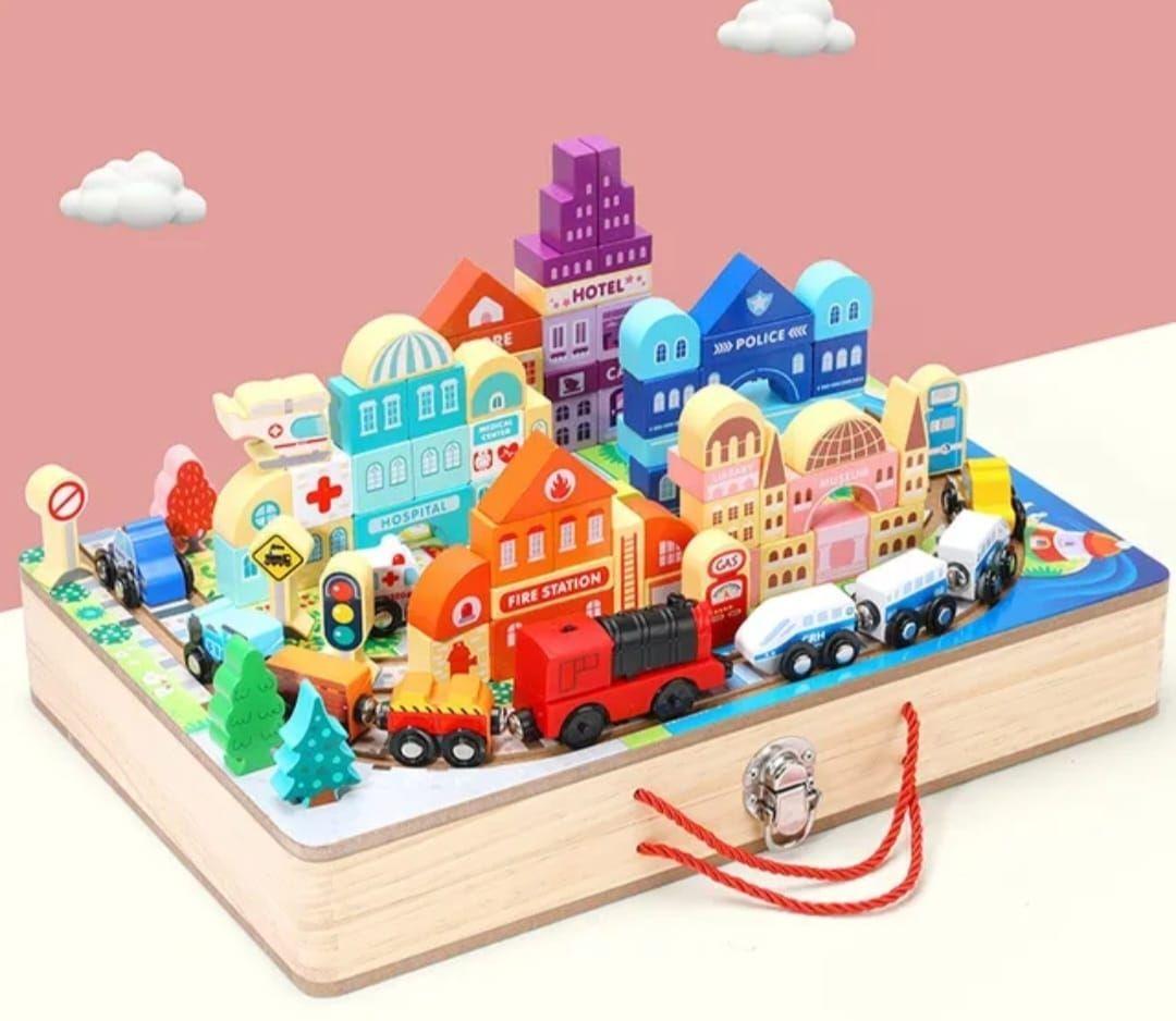 Juego Didactico Ciudad Auto trenes Madera Portatil-4