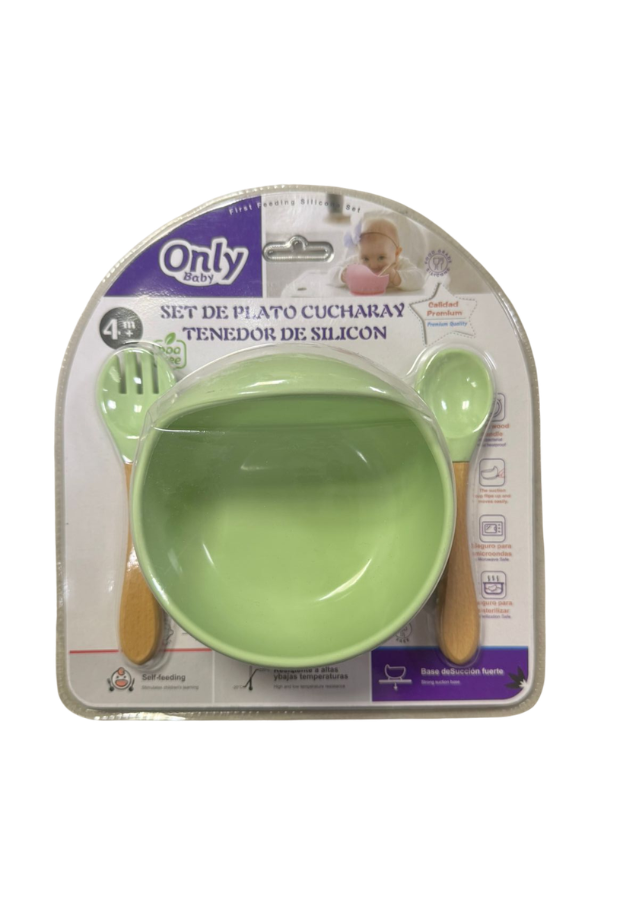 Set Bowl Con Cubierto Cuchara Silicona madera Verde-2
